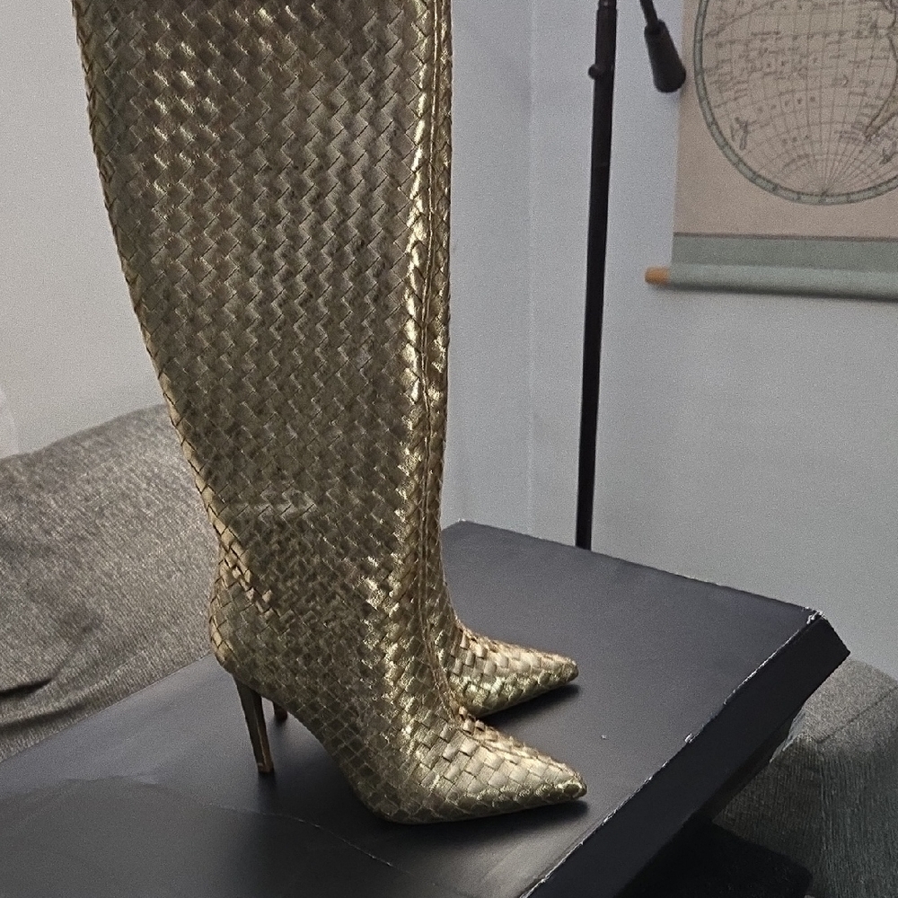 Gold Woven Knee-High Women's Boots